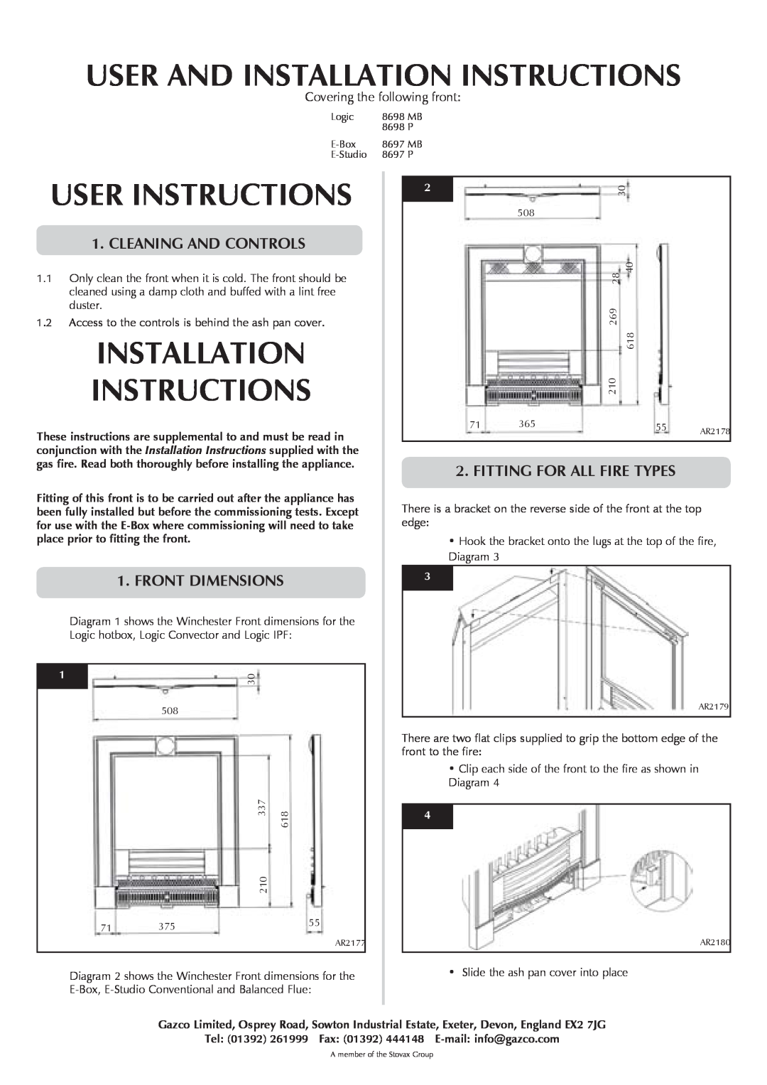 Stovax PR1018 User And Installation Instructions, User Instructions, Installation Instructions, Cleaning And Controls 